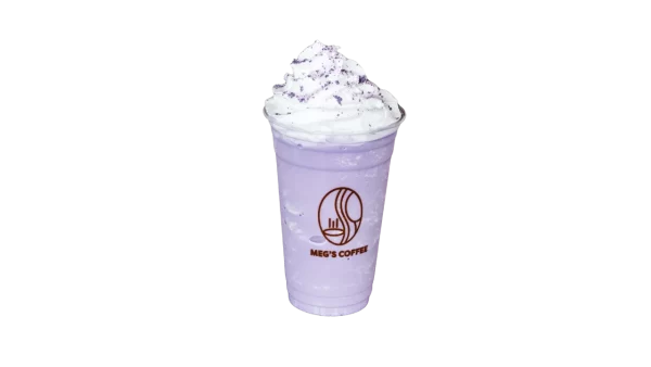 Smooth taro frappe – vibrant purple drink with a unique, earthy taste