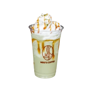 Iced Matcha with Caramel topped with a creamy finish.